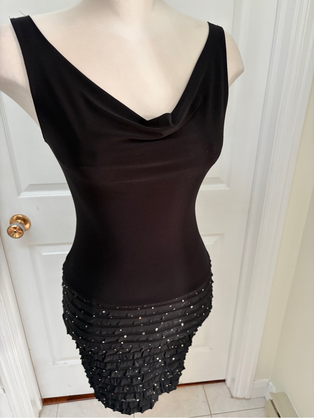 Black Sleeveless Cowl Neck Mini Dress with Ruffled Sequin Skirt